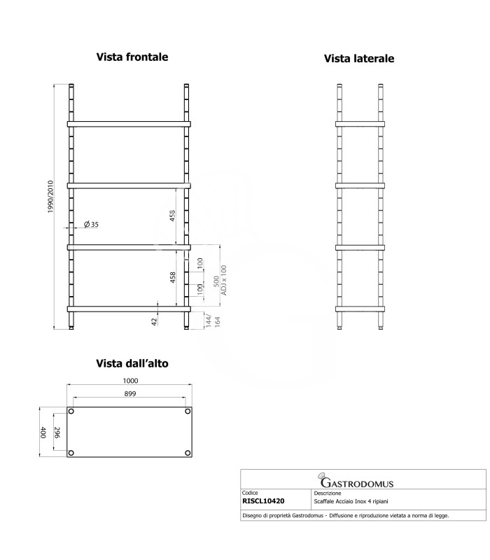 Estantería de pie de acero inoxidable 4 estantes, L 1000 x P 400 x A 2000 mm