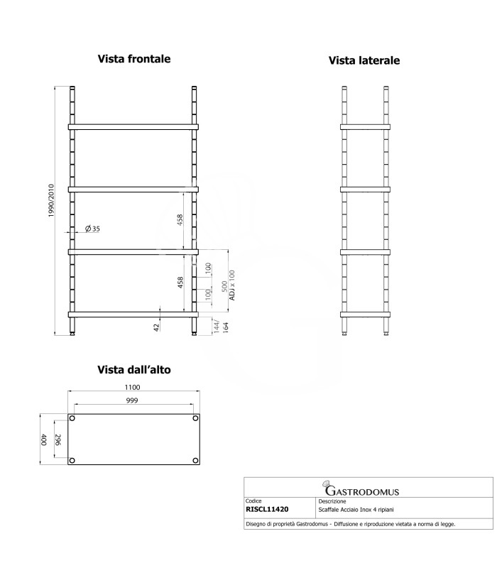 Estantería de pie de acero inoxidable 4 estantes, L 1100 x P 400 x A 2000 mm