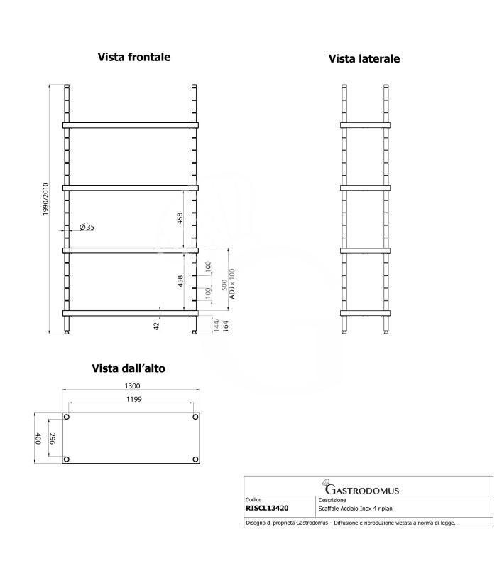Estantería de pie de acero inoxidable 4 estantes, L 1300 x P 400 x A 2000 mm