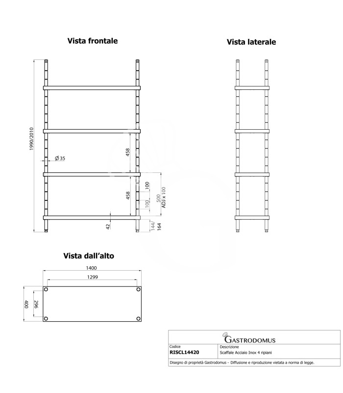 Estantería de pie de acero inoxidable 4 estantes, L 1400 x P 400 x A 2000 mm