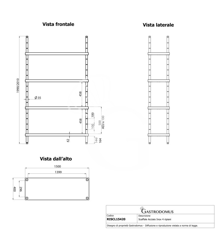Estantería de pie de acero inoxidable 4 estantes, L 1500 x P 400 x A 2000 mm