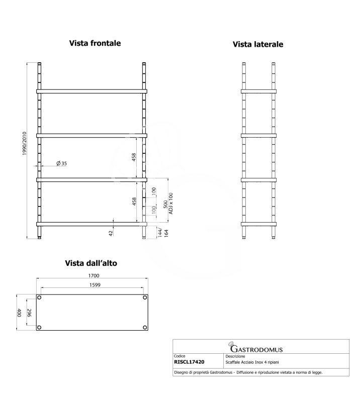Estantería de pie de acero inoxidable 4 estantes L 1700 x P 400 x A 2000 mm