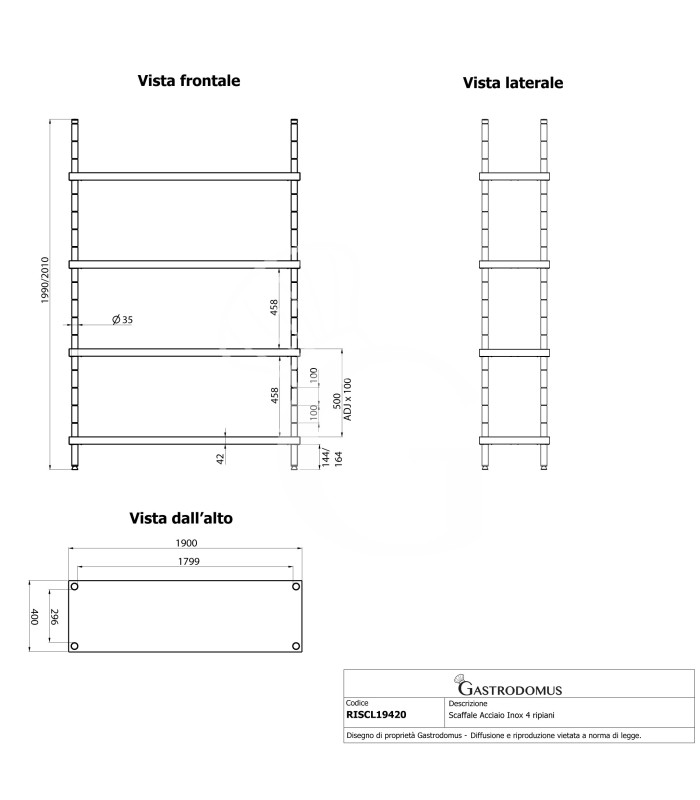 Estantería de pie de acero inoxidable 4 estantes L 1900 x P 400 x A 2000 mm