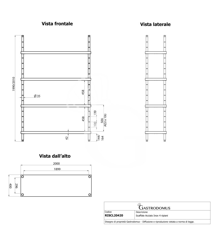 Estantería de pie de acero inoxidable 4 estantes L 2000 x P 400 x A 2000 mm