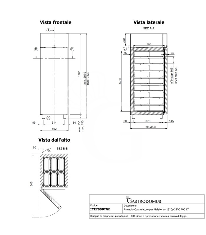 Armario Refrigerado para heladerías 700 L -18°C/-22°C Clase de eficiencia energética G