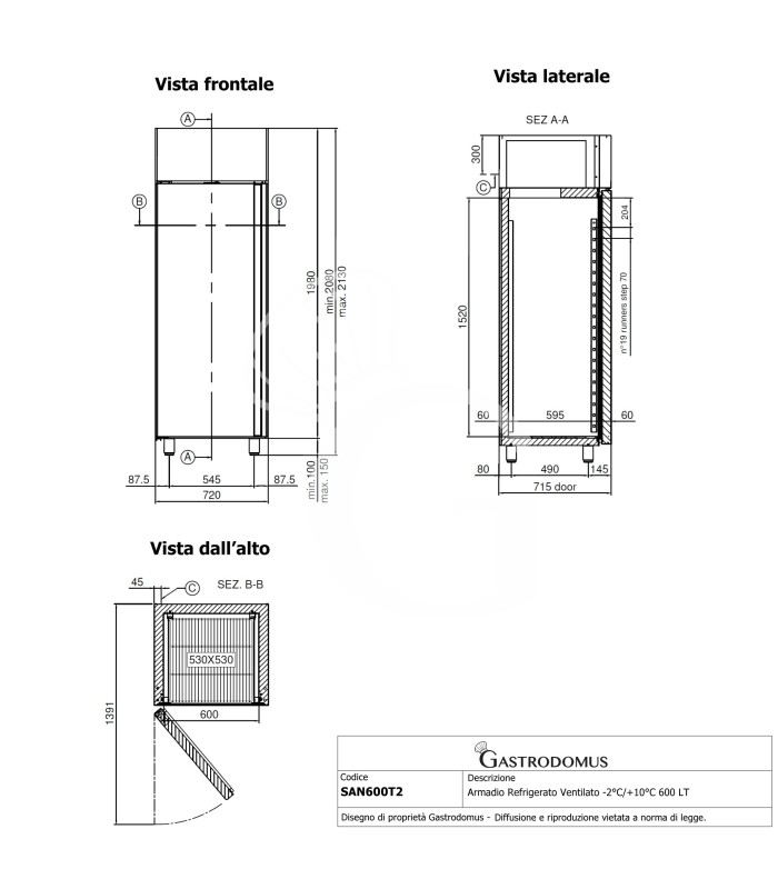 Armario refrigerado ventilado de acero inoxidable, 600 litros y -2°C/+10°C, clase de energía G