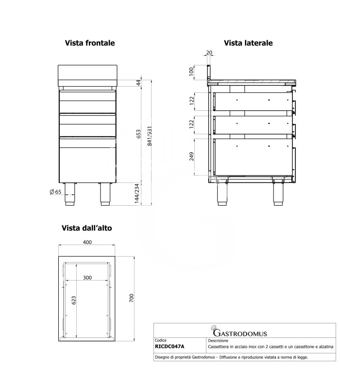 Cajonera de acero inoxidable con 2 cajones, 1 cajón grande, peto trasero, L 400 x P 700 x H 950 mm