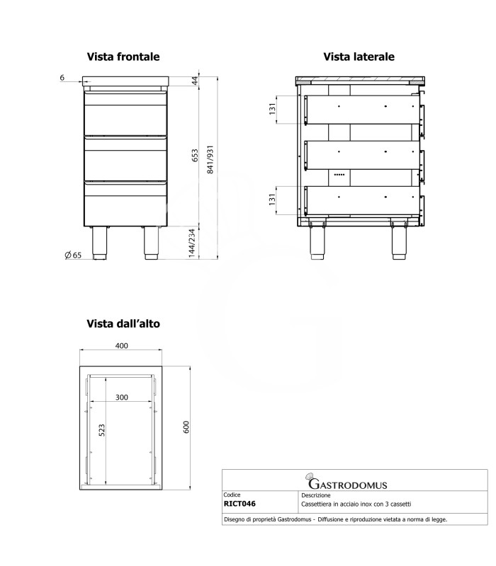 Cajonera en acero inoxidable con 3 cajones, L 400 x P 600 x H 850 mm