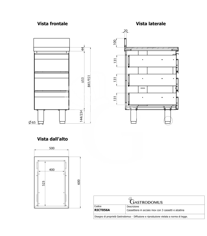 Cajonera de acero inoxidable con 3 cajónes y peto, L 500 x P 600 x A 950 mm