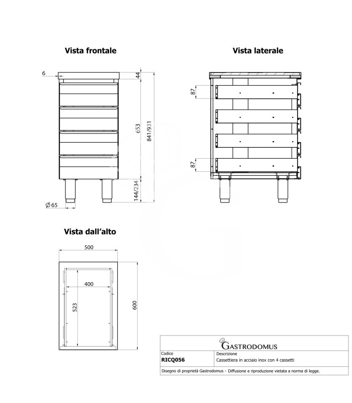 Cajonera de acero inoxidable con 4 cajónes, L 500 x P 600 x A 850 mm