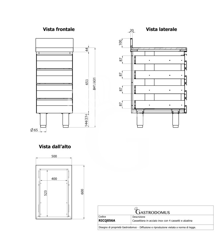 Cajonera de acero inoxidable con 4 cajónes y peto, L 500 x P 600 x A 950 mm
