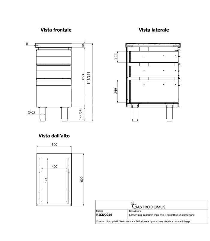 Cajonera de acero inoxidable con 3 cajones, L 500 x P 600 x A 850 mm