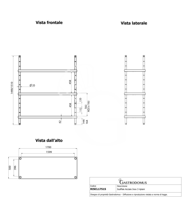 Estantería de pie de acero inoxidable 4 estantes, L 1700 x P 500 x A 1500 mm