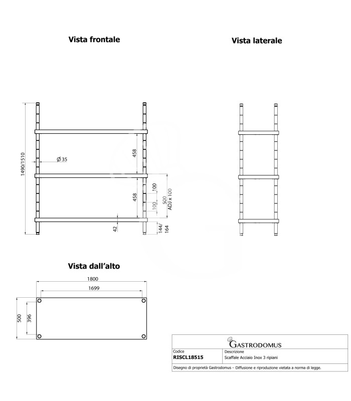 Estantería de pie de acero inoxidable 4 estantes, L 1800 x P 500 x A 1500 mm