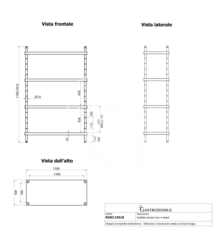 Estantería de pie de acero inoxidable 4 estantes L 1500 x P 500 x A 1800 mm
