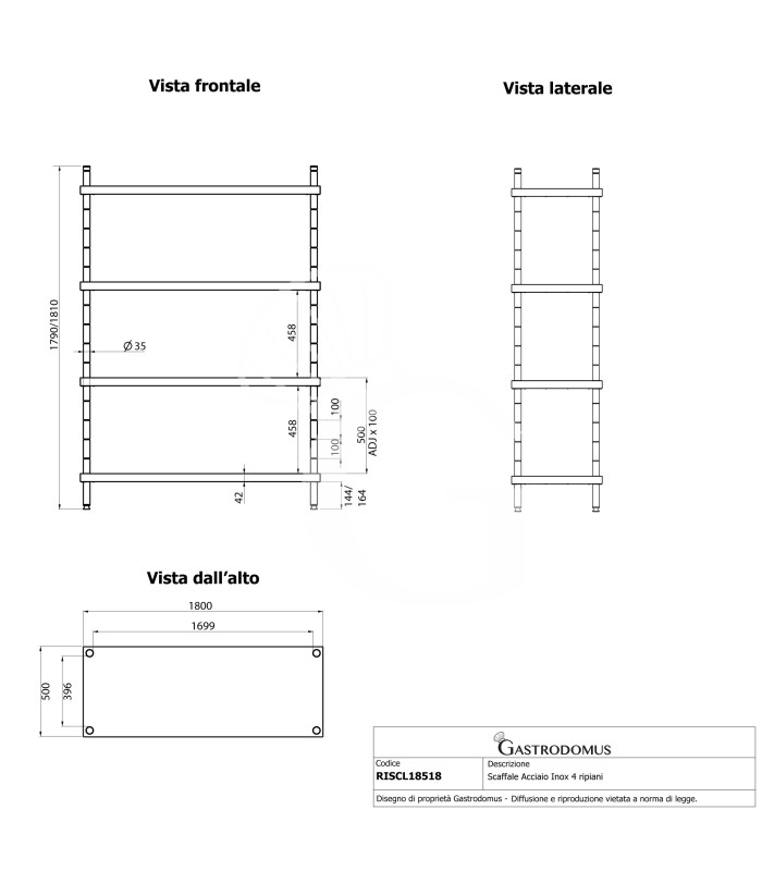 Estantería de pie de acero inoxidable 4 estantes L 1800 x P 500 x A 1800 mm