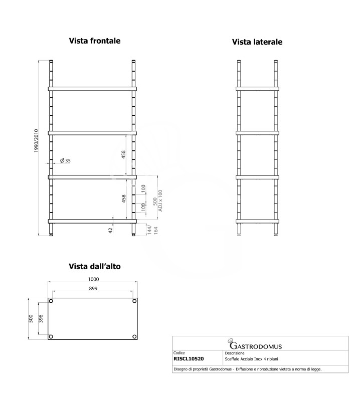 Estantería de pie de acero inoxidable 4 estantes, L 1000 x P 500 x A 2000 mm