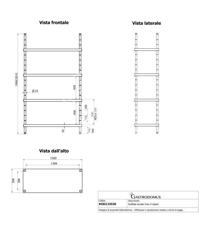 Estantería de pie de acero inoxidable 4 estantes L 1500 x P 500 x A 2000 mm
