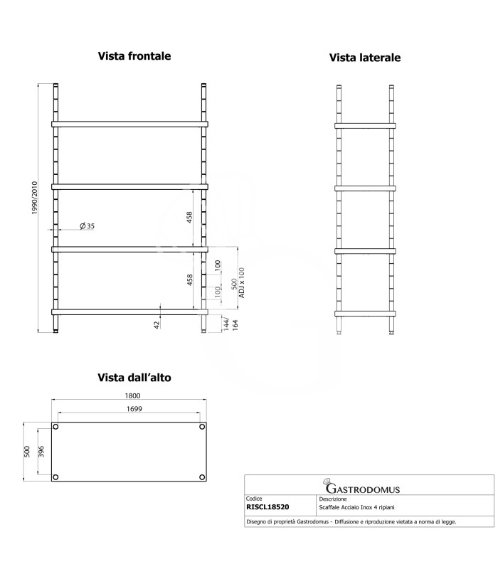 Estantería de pie de acero inoxidable 4 estantes L 1800 x P 500 x A 2000 mm