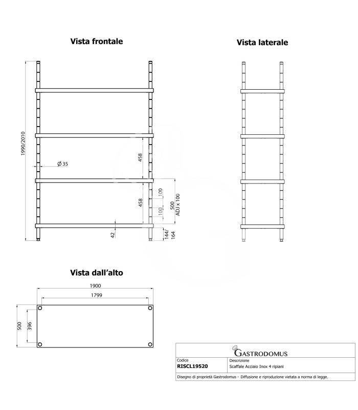 Estantería de pie de acero inoxidable 4 estantes L 1900 x P 500 x A 2000 mm