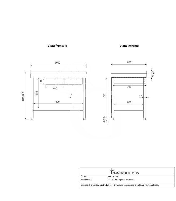 Mesa de acero inoxidable con 2 cajones L 1000 mm x P 800 mm x A 865 mm