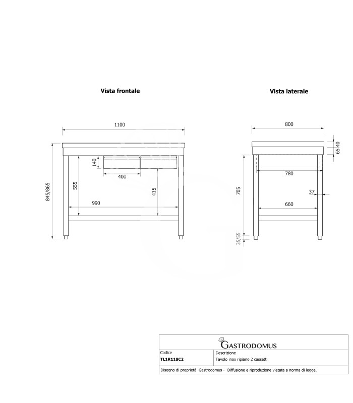 Mesa de acero inoxidable con 2 cajones L 1100 mm x P 800 mm x A 865 mm