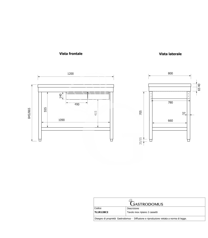 Mesa de acero inoxidable con 2 cajones L 1200 mm x P 800 mm x A 865 mm