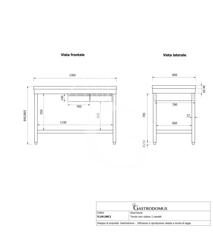 Mesa sencilla de acero inoxidable con encimera y 2 cajones — L 1300 × P 800 × H 865 mm
