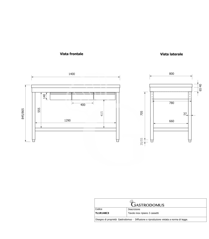 Mesa de acero inoxidable con 3 cajones L 1400 mm x P 800 mm x A 865 mm