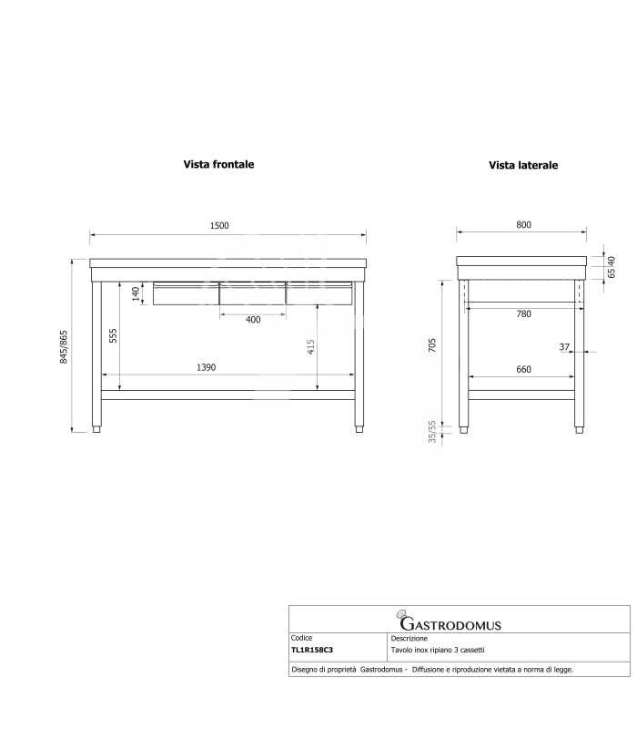 Mesa de acero inoxidable con 3 cajones L 1500 mm x P 800 mm x A 865 mm