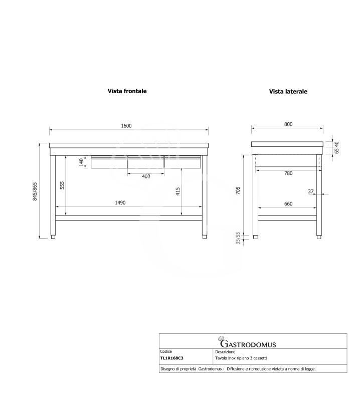 Mesa de acero inoxidable con 3 cajones L 1600 mm x P 800 mm x A 865 mm