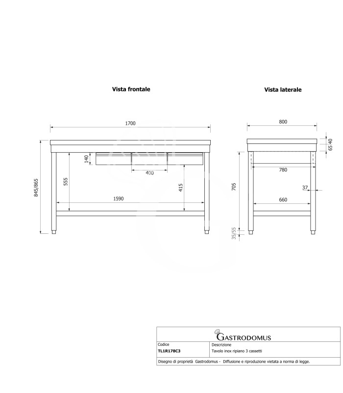 Mesa simple de acero inoxidable con superficie de trabajo, 3 cajones, L 1700 × P 800 × H 865 mm