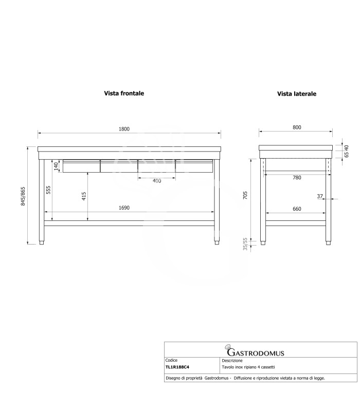 Mesa de acero inoxidable con 4 cajones L 1800 mm x P 800 mm x A 865 mm