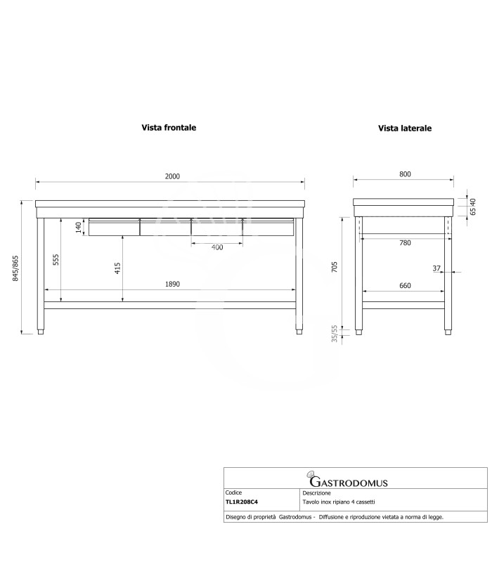 Mesa de acero inoxidable con 4 cajones L 2000 mm x P 800 mm x A 865 mm