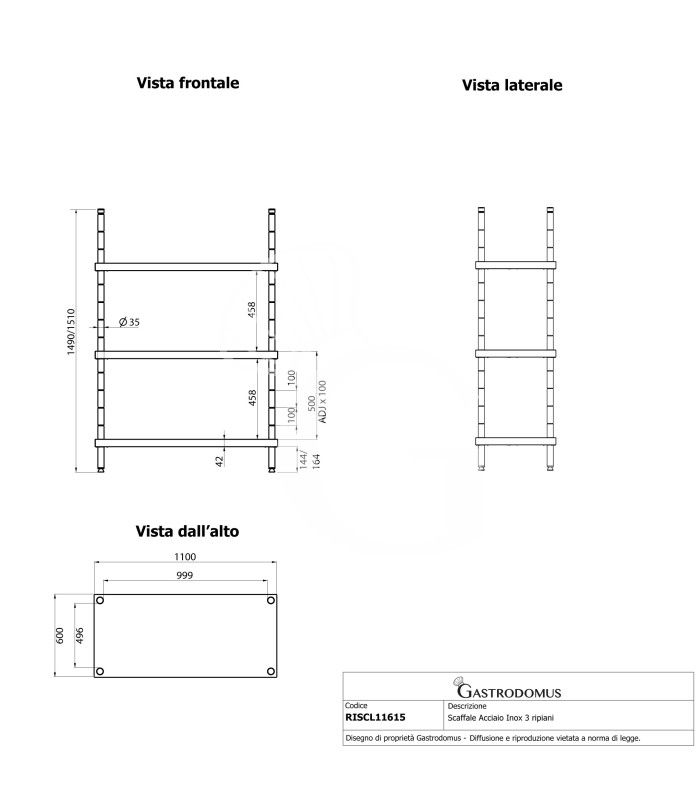 Estantería de pie de acero inoxidable 4 estantes, L 1100 x P 600 x A 1500 mm
