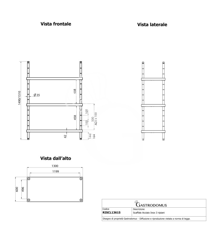 Estantería de pie de acero inoxidable 4 estantes, L 1300 x P 600 x A 1500 mm