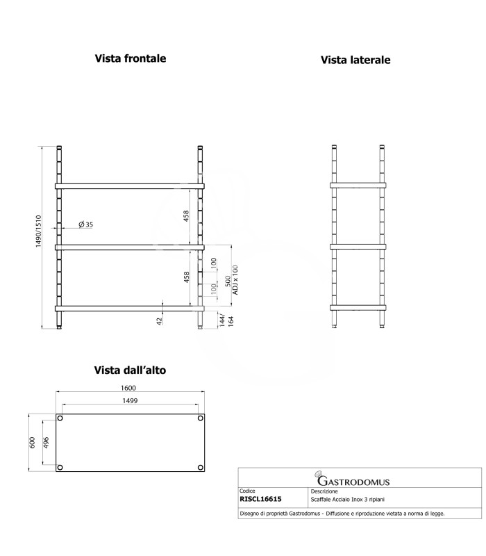 Estantería de pie de acero inoxidable 4 estantes, L 1600 x P 600 x A 1500 mm