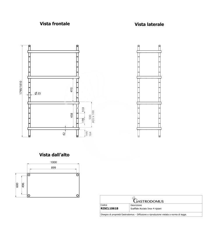 Estantería de pie de acero inoxidable 4 estantes, L 1000 x P 600 x A 1800 mm