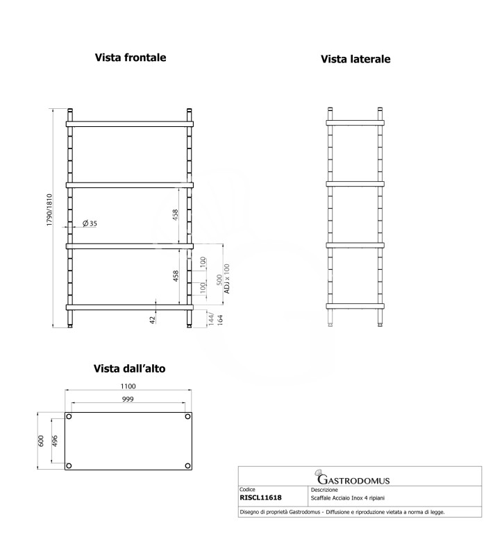 Estantería de pie de acero inoxidable 4 estantes, L 1100 x P 600 x A 1800 mm
