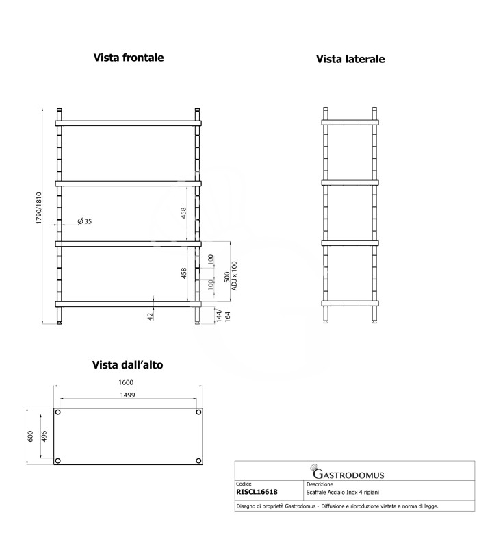 Estantería de pie de acero inoxidable 4 estantes L 1600 x P 600 x A 1800 mm