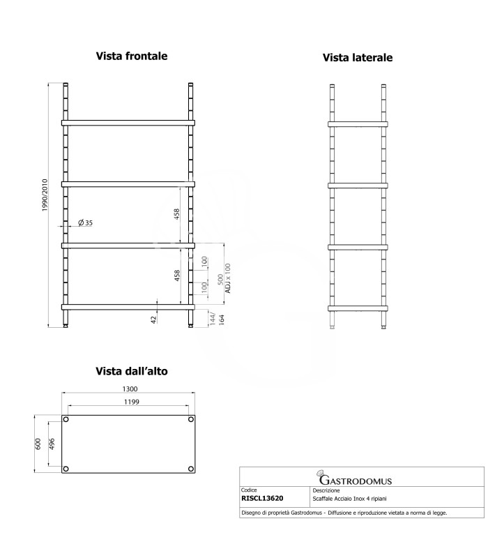 Estantería de pie de acero inoxidable 4 estantes L 1300 x P 600 x A 2000 mm