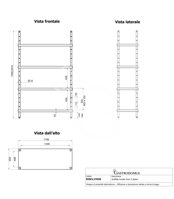 Estantería de pie de acero inoxidable 4 estantes L 1700 x P 600 x A 2000 mm