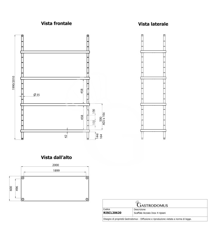 Estantería de pie de acero inoxidable 4 estantes L 2000 x P 600 x A 2000 mm