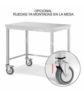Ruedas ya montadas sobre mesa simple en acero inox (4 ruedas, 2 con freno)