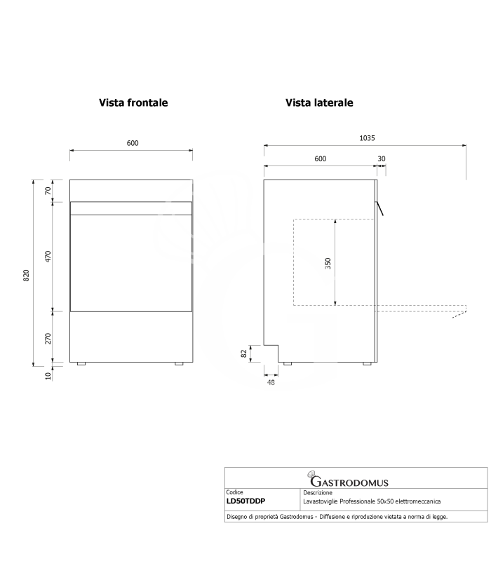 Lavavajillas profesional 50x50 H350 electromecánico trifásico de doble pared, con dosificadores y bomba de desagüe