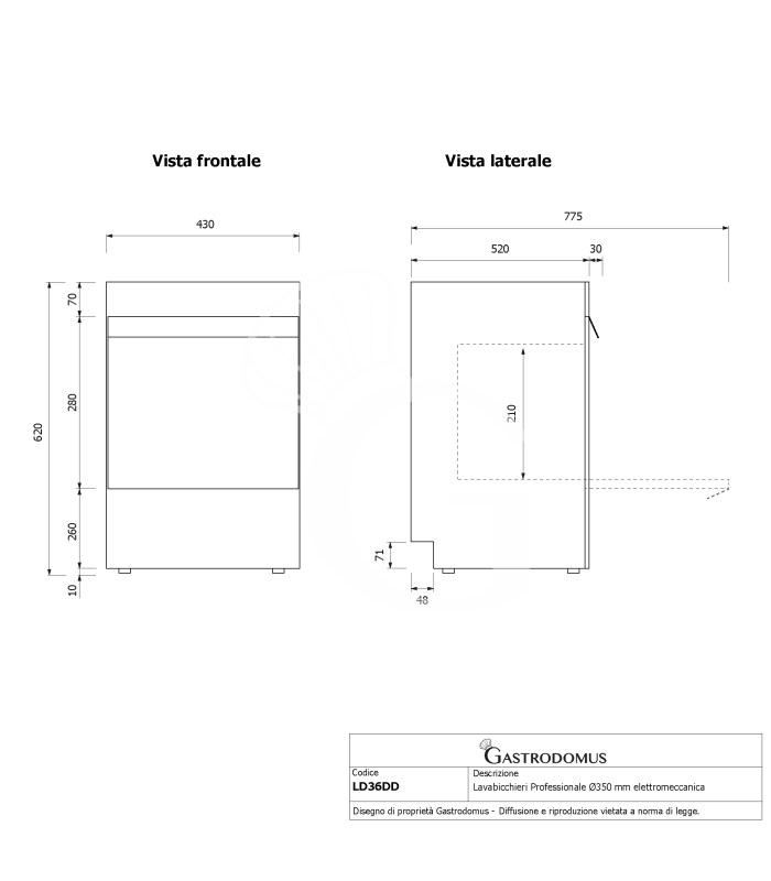 Lavavasos profesional Ø350 mm H210 electromecánico monofásico con dosificador detergente y abrillantador