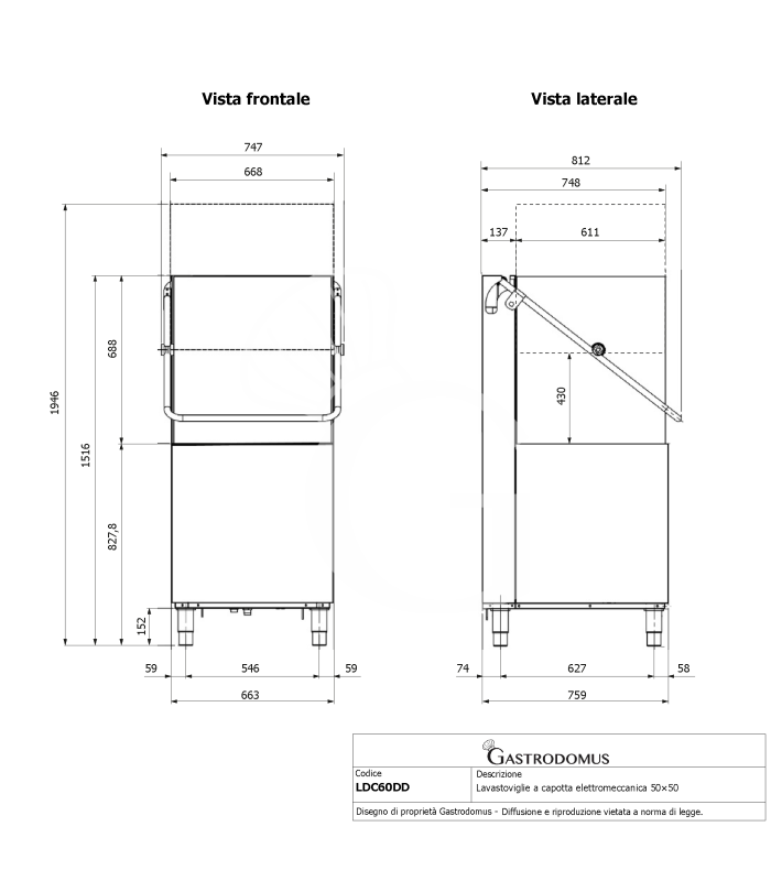 Lavavajillas de capota electromecánico 50×50 H430 con dosificadores de abrillantador y detergente instalados