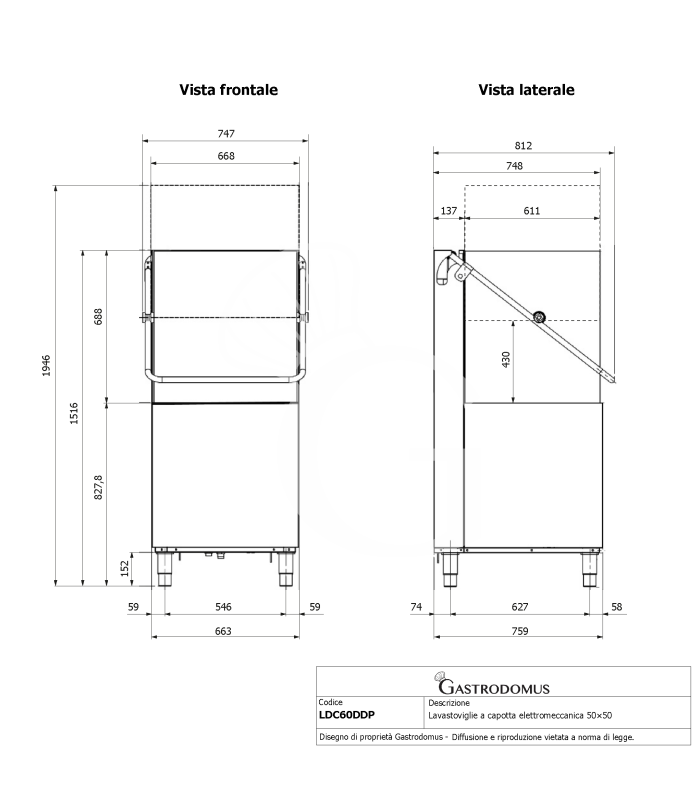 Lavavajillas de capota electromecánico 50×50 H430 con dosificadores de abrillantador y detergente, bomba de desagüe