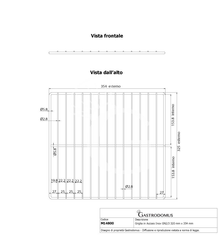 Rejilla de acero inoxidable GN2/3 320 mm x 355 mm