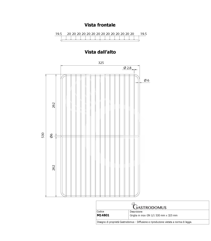 Rejilla de acero inoxidable GN 1/1 530 mm x 325 mm